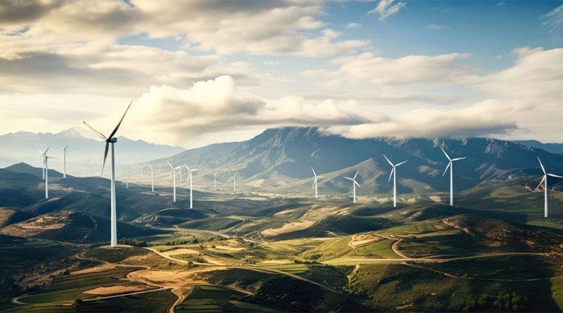Image of a wide open landscape with moutains, hills and wind turbines to support green mountain power article