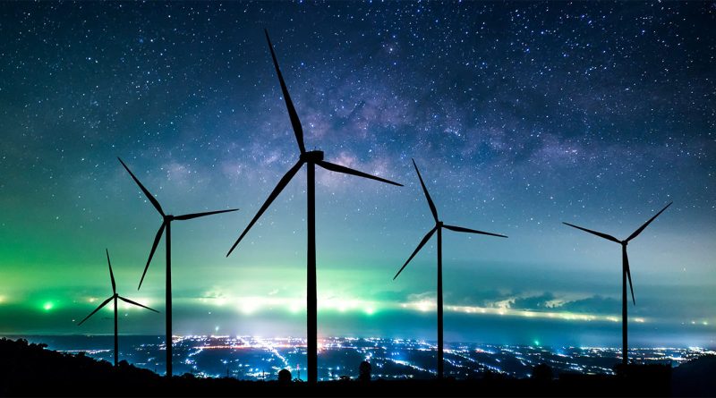 Image of a wind farm at night looking over a city skyline to support wind power article
