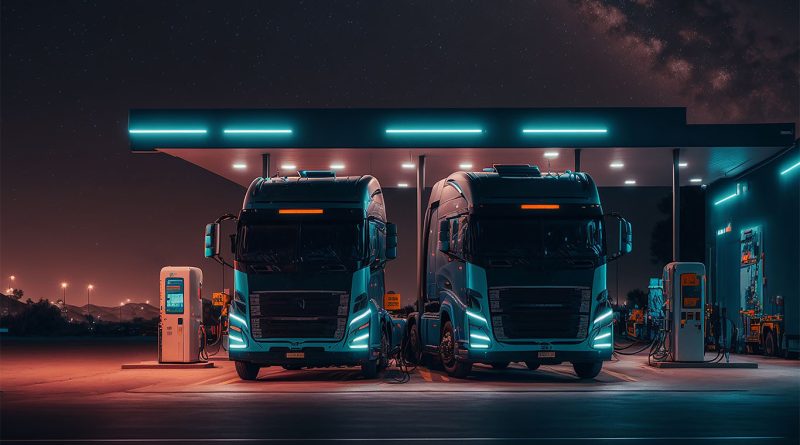 Digital image of two trucks pulled up at charging station charging their batteries to support electric trucks article