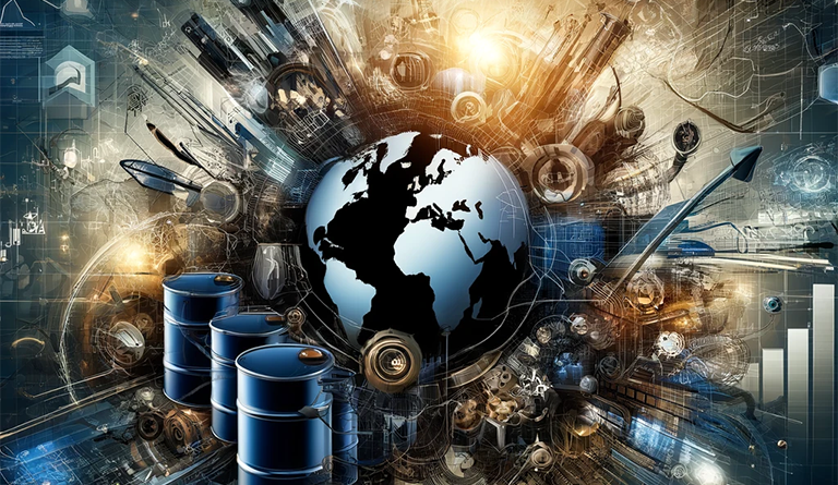 Abstract representation of the global oil market with oil barrels, world map, financial charts, and symbols of major oil-producing countries to support global oil article