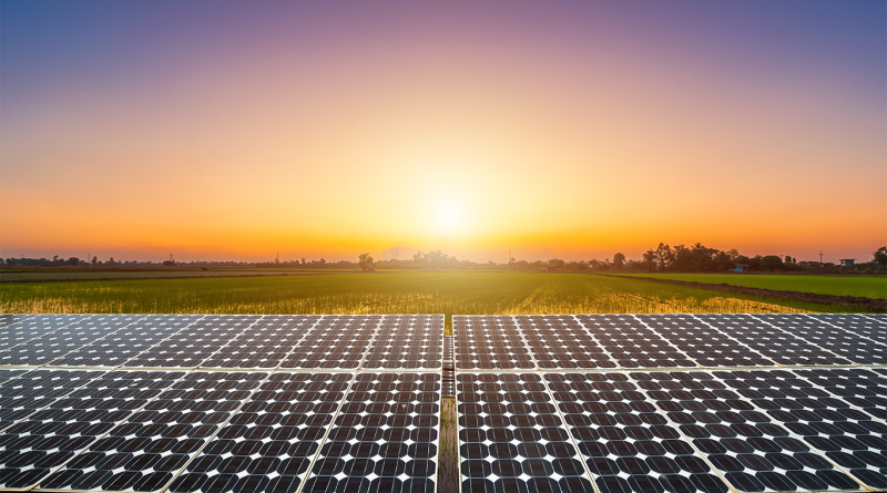 Image of a sunset shining down onto a field full of solar panels to support benefits of solar power article