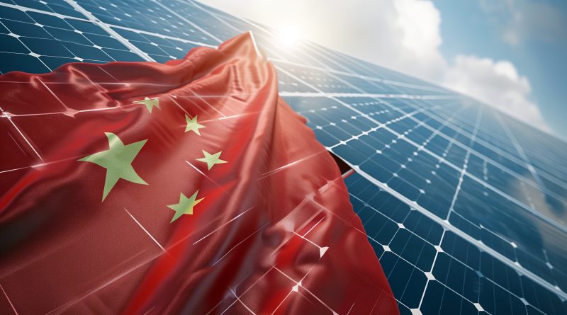 A conceptual illustration of a solar panel with the Chinese flag laid over it to support solar panels article