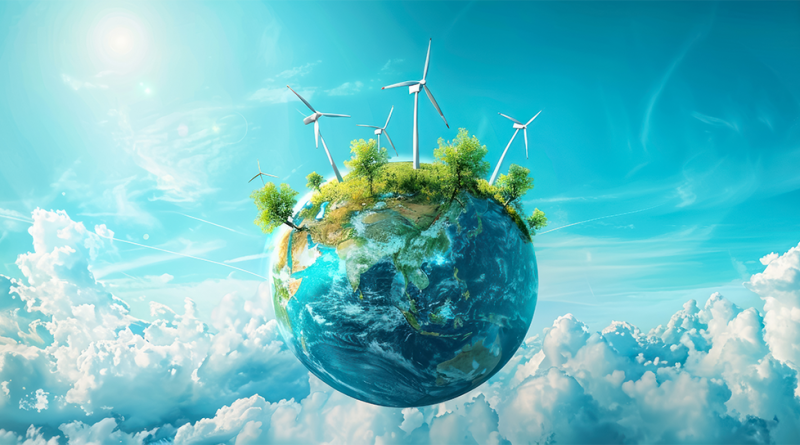 Digital image of Earth surrounded by cloud and wind turbines to support global energy article