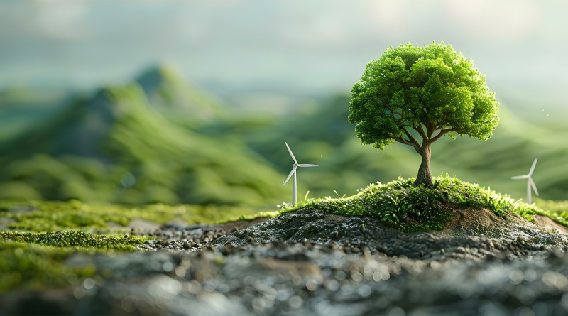 Digital image of rolling hills with a tree on top and wind turbines either side to support renewable energy article