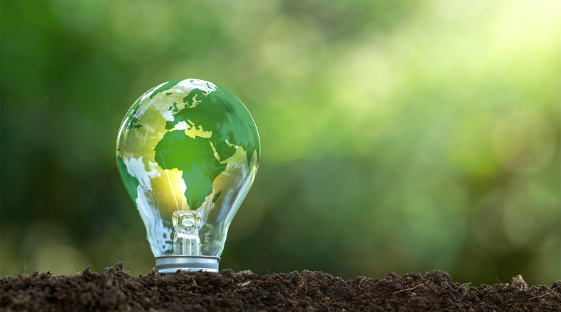 Lightbulb with green earth inside surrounded by leaves to support Chinese green energy plans article