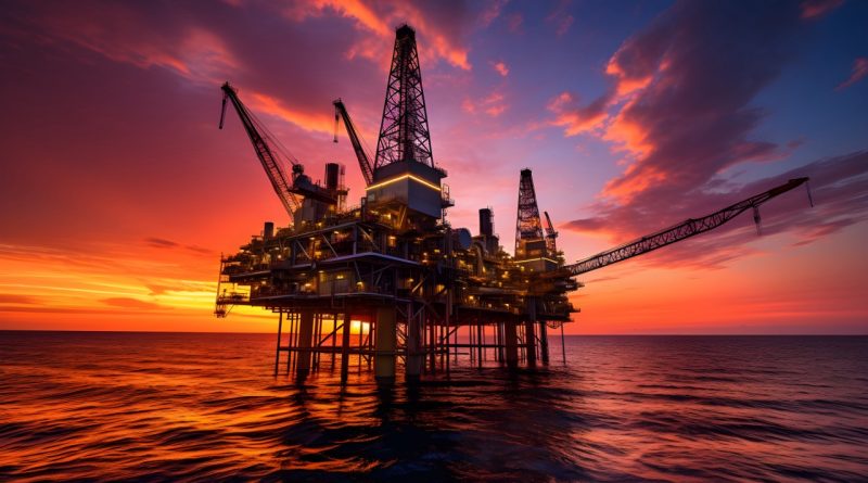 A BP oil rig in the ocean under a sunset