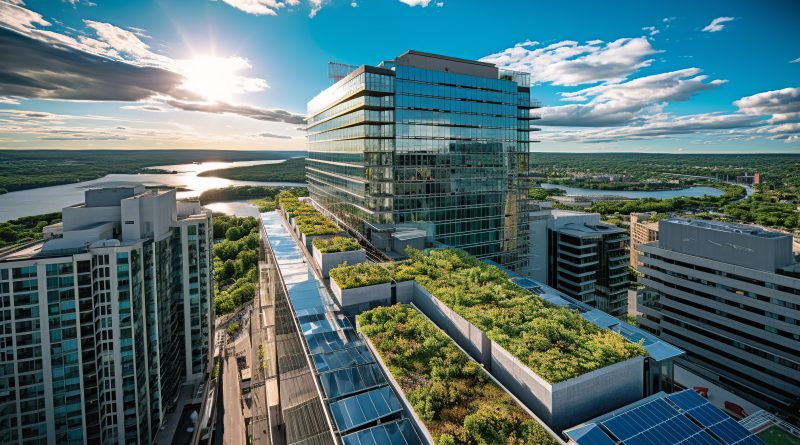 A landscape featuring solar panels, and a city skyline, symbolizing the EU's transition from fossil fuels to renewable energy sources.