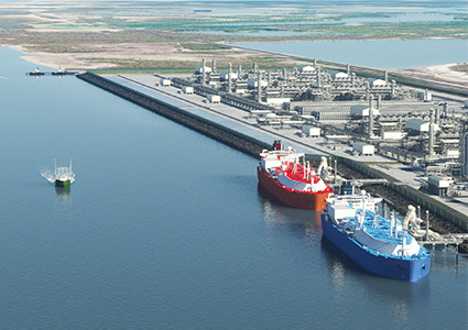 Two LNG carriers in a harbour