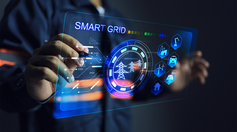 Digital Smart grid concept showing power lines, electric cars, wind turbines and other sustainable methods.