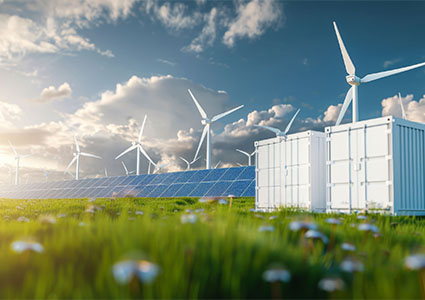 Concept of energy storage batteries system, wind power, wind turbines and Li-ion battery container, and solar panels in the background. Panoramic view with copy space