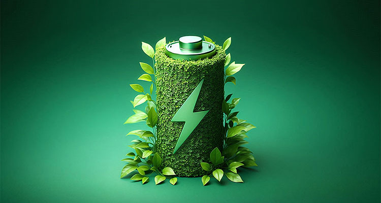 The concept of sustainable energy storage in the form of a battery symbol covered with leaves on a lush green background