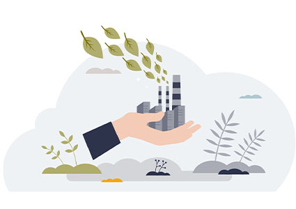 CO2 carbon dioxide emissions and gas pollution tiny person hands concept. Sustainable, ecological and nature friendly factory with renewable power resources or net zero principles vector illustration