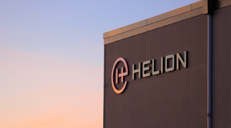 Helion logo on side of building to support fusion power plant article