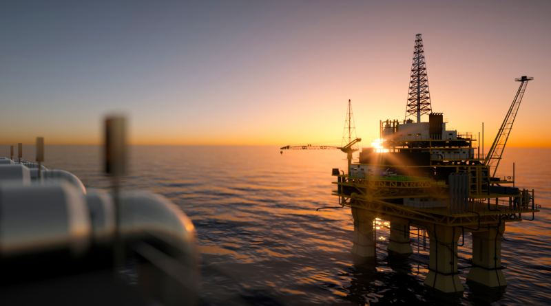 Offshore oil rig at sunset, highlighting the operations of major oil companies.