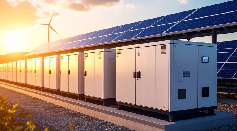 8 Innovative Ways We Can Use Thermal Energy & Thermal Energy Storage Thermal energy storage units beside solar panels and a wind turbine at sunset, illustrating integrated renewable energy and storage infrastructure.