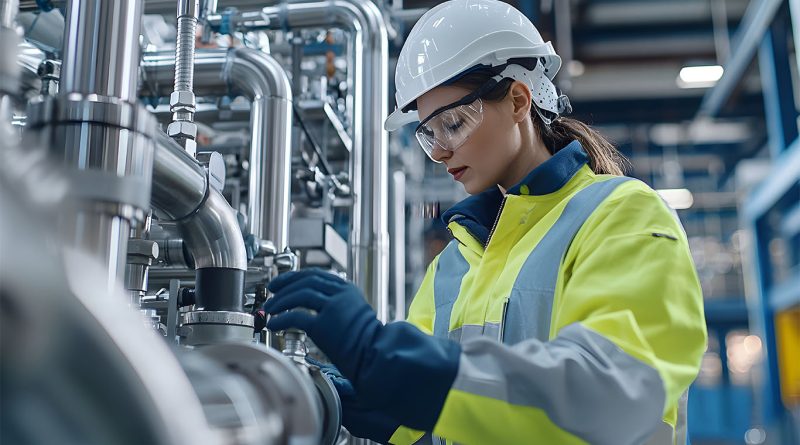 Engineer inspecting industrial carbon capture equipment in a modern facility, wearing safety gear and a high-visibility jacket.