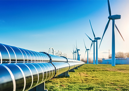 Pipelines and wind turbines in field