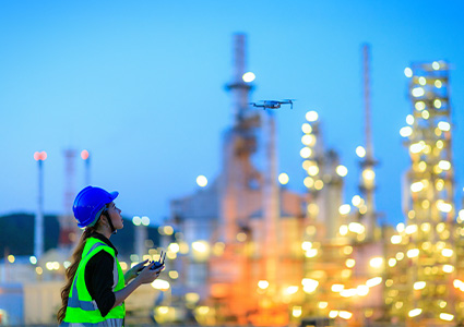 Woman flying drone to support oil fields article
