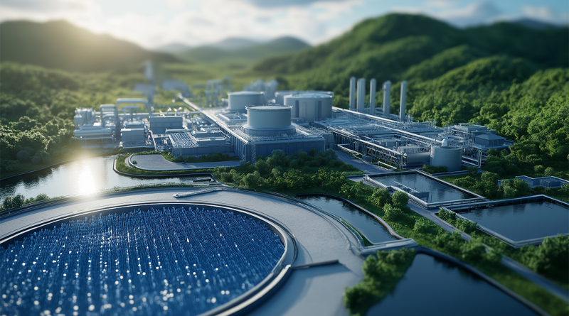 Industrial facility producing low carbon fuels with storage tanks, pipelines and water treatment systems set in a green landscape