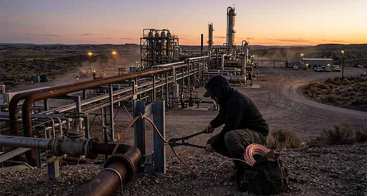 a worker at an industrial oil and gas refinery facility