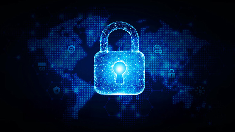 a symbolic digital lock against a stylized global network map