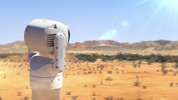 a Hanwha Vision T series AI Ruggedized PTZ Camera designed for surveillance in extreme environments.