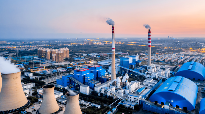 Aerial photo of a coal-fired power plant in Hohhot, Inner Mongolia, China at dusk