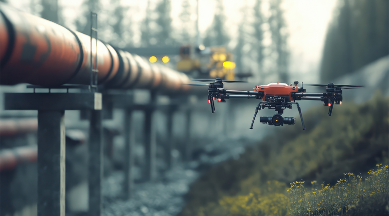 Industrial drone inspecting oil and gas pipeline infrastructure