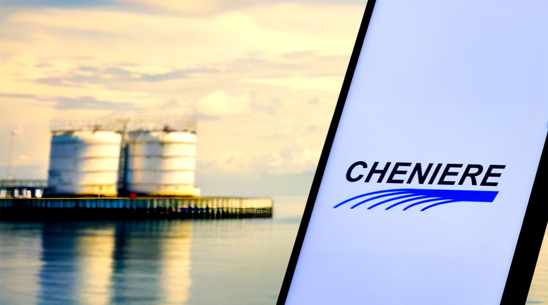 Cheniere LNG facility at sunset, with storage tanks reflected in the water and the Cheniere logo in the foreground.