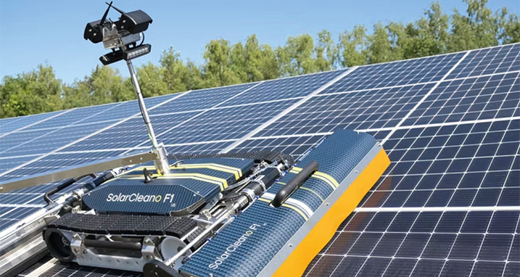 the SolarCleano F1, a remote-controlled, battery-powered robotic solar panel cleaner