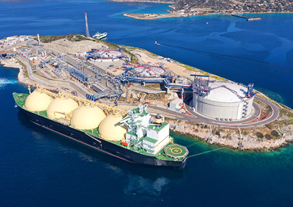 an LNG (Liquefied Natural Gas) carrier docked at the Revithoussa LNG Terminal