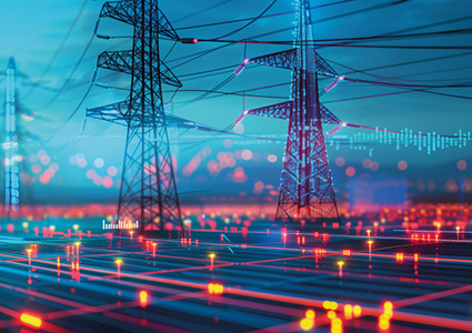high-voltage electricity pylons over a glowing digital network and data grid