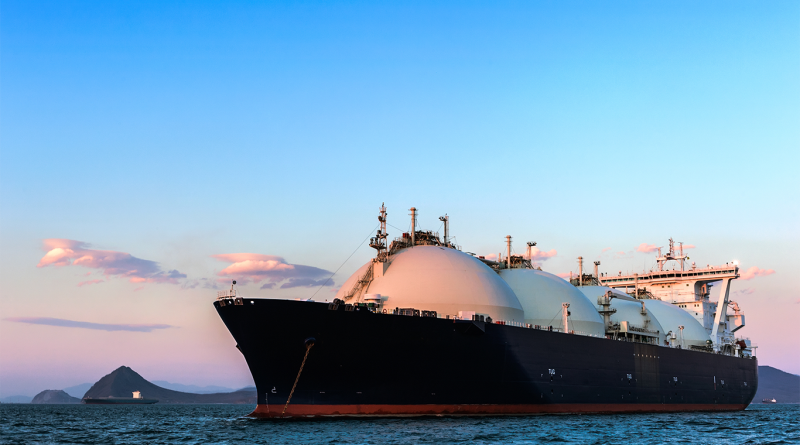 Front view of a big LNG tanker ship traveling with full speed