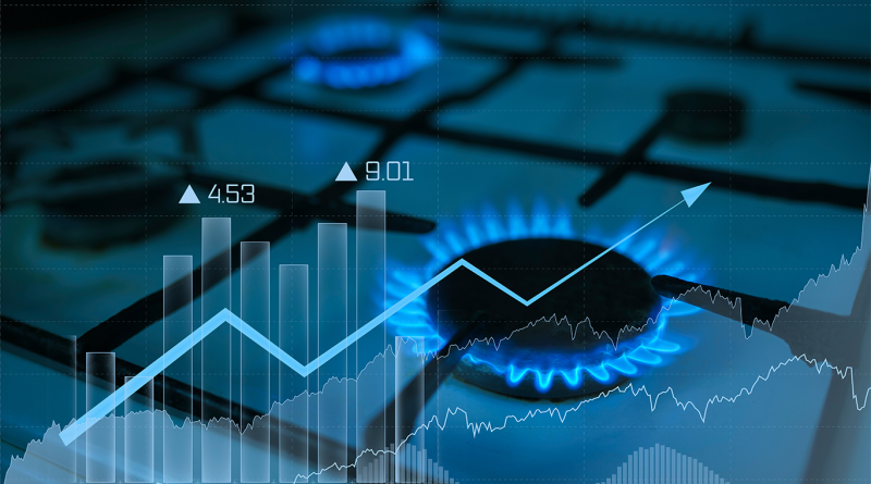 Blue natural gas flames on a stove with rising financial charts illustrating fluctuations in natural gas prices and winter energy demand.