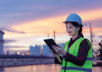 a petrochemical engineer or industrial inspector wearing a hard hat and high-visibility vest while working with a digital tablet at an oil and gas refinery at dusk