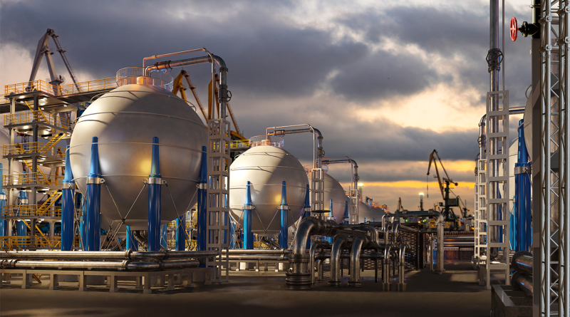 Petrochemical plant operates spherical gas storage tanks and metal pipelines